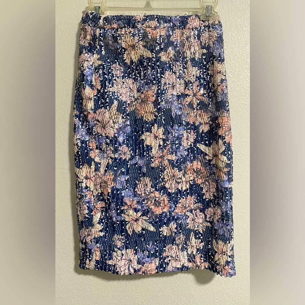 Anthro Endless Rose Blue Pink Floral Sequin Pencil Skirt Boho Wedding Guest